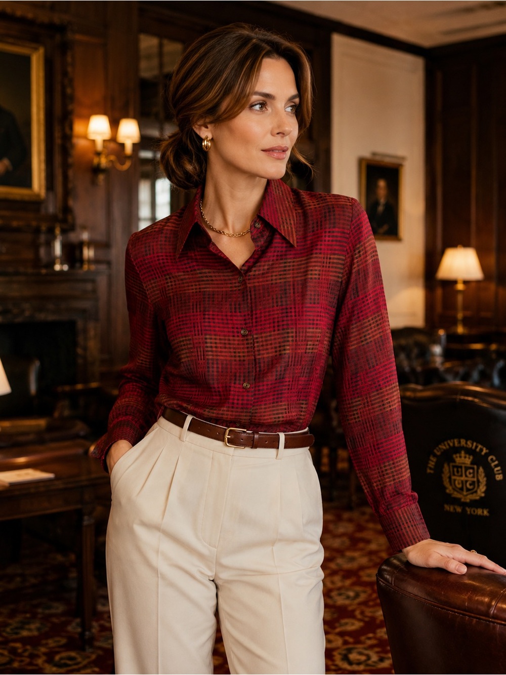 Carlisle 100% Silk Plaid Button Front Blouse Size 12 Vintage Red Burgundy